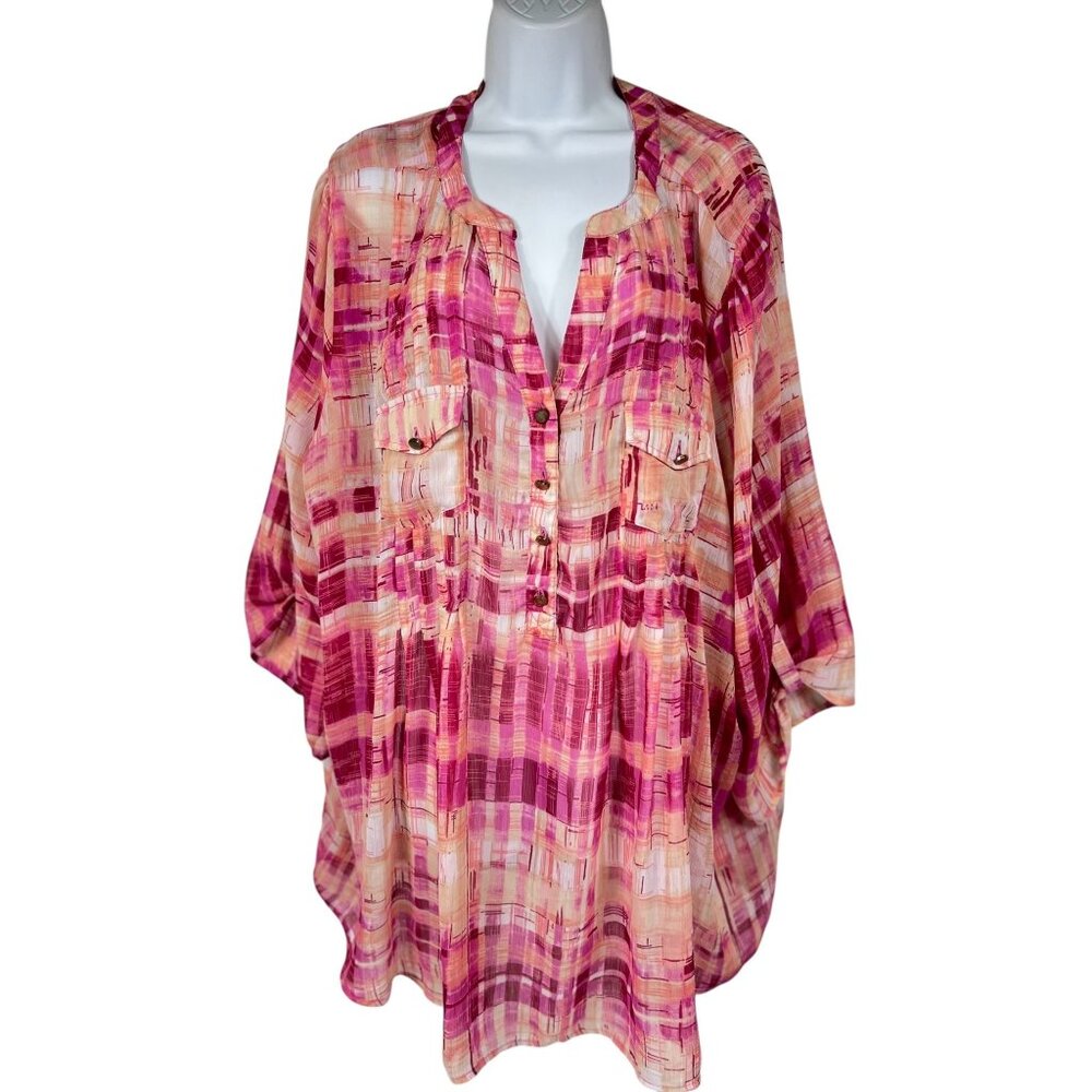 Avenue Womens Pink & Peach Abstract Printed Blouse 30/32 Button-Up Pocket Detail
